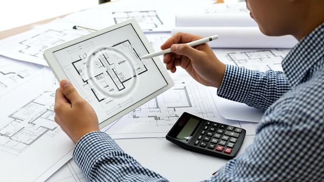 Architectural Draft in Progress: Focused individual examines intricate architectural blueprints on a digital tablet, showcasing detail, precision, and the planning phase of construction. 