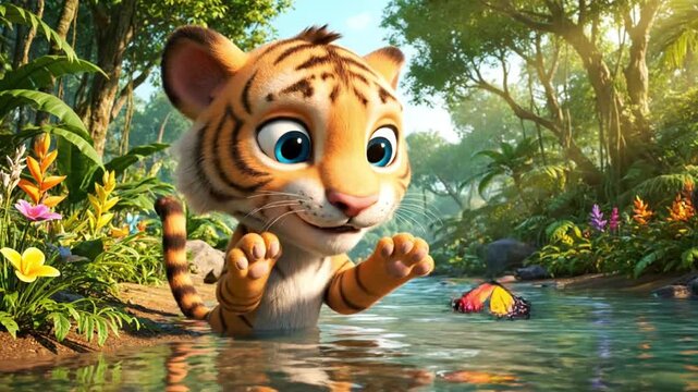 Cartoon tiger peeking out of water in a lush forest with a colorful boat