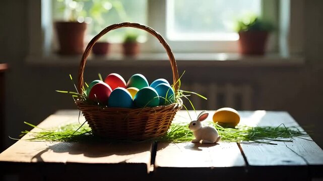 easter basket with colorful eggs and a small white rabbit on a wooden table by the window