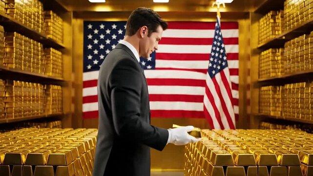 businessman in a suit and white gloves holding a gold bar in a vault with the american flag