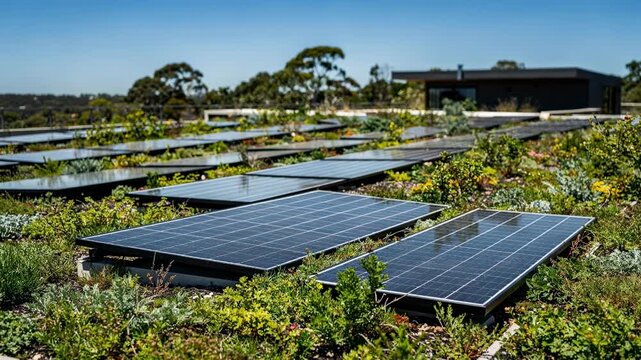 Medium shot of solarpowered ecolodge rooftop with vibrant green plants and rows of solar panels under clear sunny skies main focus on panels against blurred background.