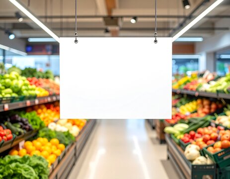 Aisle in a grocery store with blank sign.