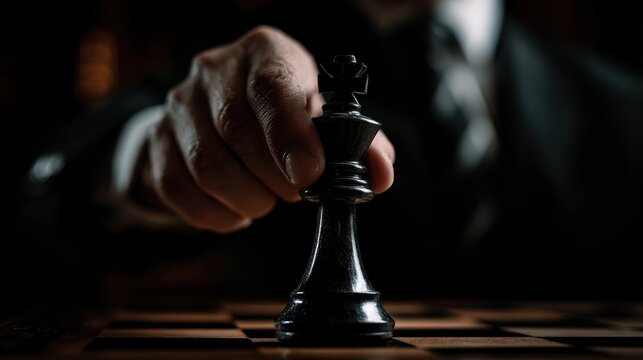Determined hand moves dark game piece into position on checkered board