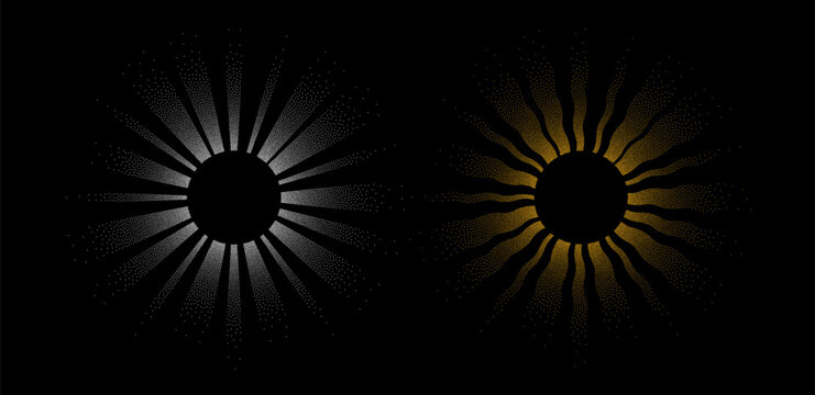Sun Rays Circle Texture. Dotted Boho Star Burst Light. Halftone Gradient Stipple Vector Eclipse. Boho Sunburst with Dot Texture Pattern.
