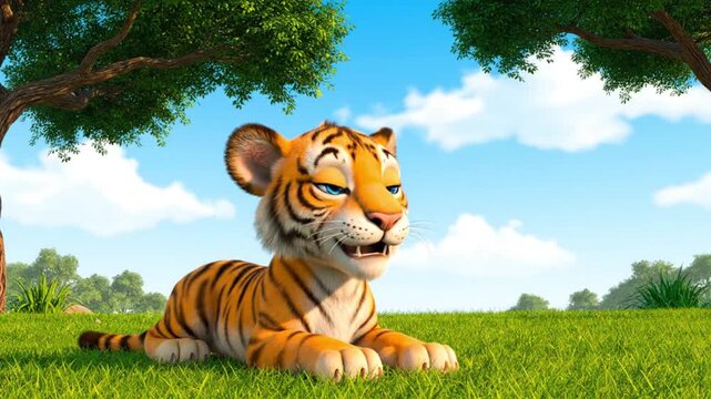 A cartoon tiger lies on green grass under a tree against a blue sky with white clouds.