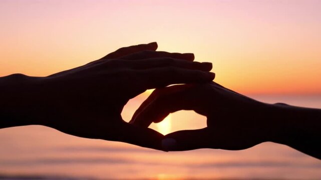 Silhouettes of two hands forming a heart shape against a beautiful sunset over the ocean, symbolizing love and connection.