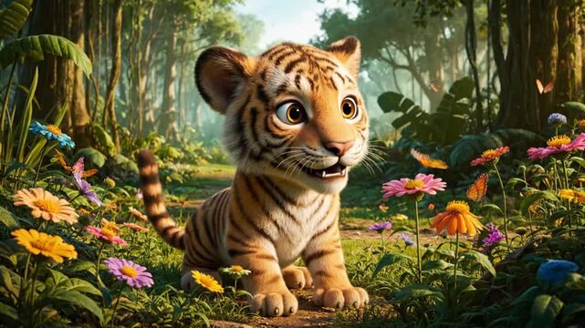 A cartoon tiger sitting in a colorful jungle with vibrant flowers and lush greenery.