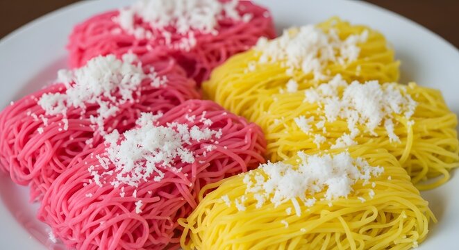 Vibrant pink and yellow string hoppers (idiyappam) topped with fresh grated coconut, served neatly on a white plate, showcasing a traditional South Asian breakfast.