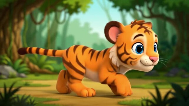 A cartoon tiger crouches playfully on a forest path with a joyful expression.