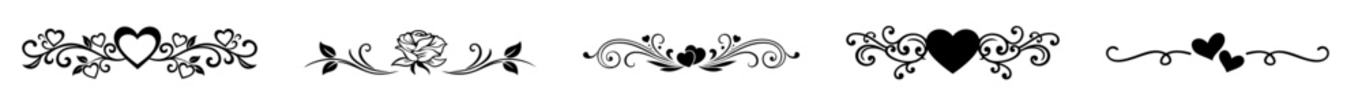 Romantic Valentine heart border divider with decorative flourishes and rose ornament, symmetrical horizontal header frame
