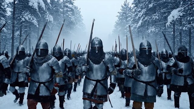 Cinematic View of an Iron Regiment Advancing in Formation Across a Frozen Wilderness
