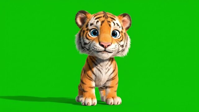A cartoon tiger standing on a green background with a cute expression.