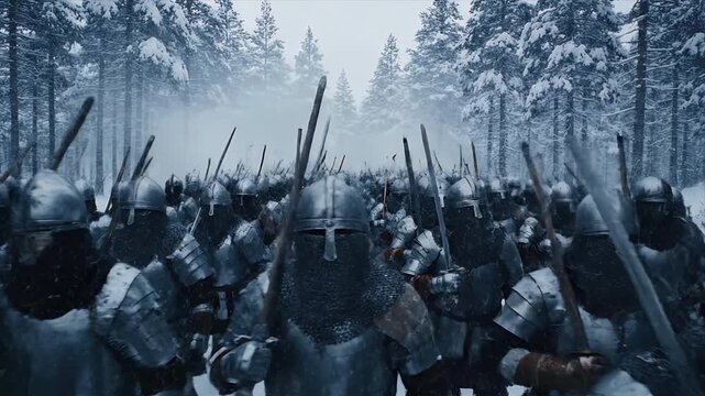 Vast Army of Medieval Knights in Full Plate Armor Marching Through Snowy Winter Forest
