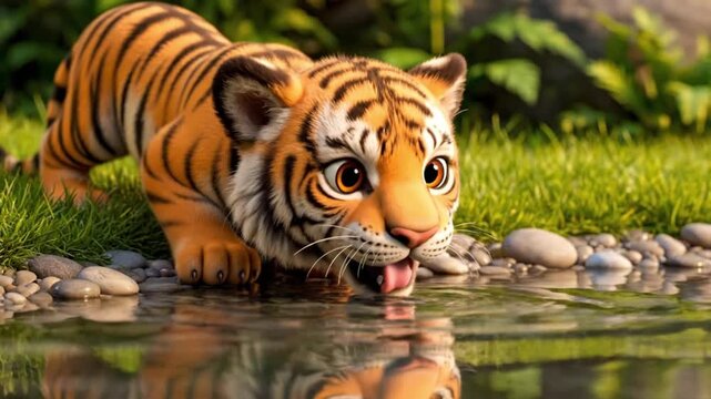 A cartoon tiger crouches to drink from a serene pond surrounded by rocks and lush green grass with warm natural lighting.