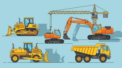 Heavy machinery vehicles operating at a construction site viewed from an elevated perspective © Anton