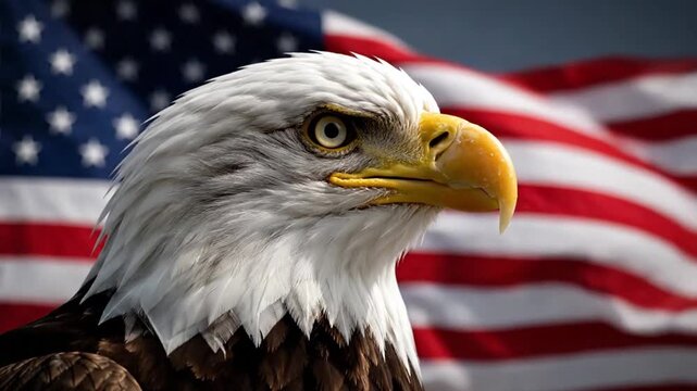 Epic cinematic close up of majestic bald eagle face intense sharp gaze subtle organic movement realistic feather texture strong directional lighting highlighting eyes and beak shallow focus background