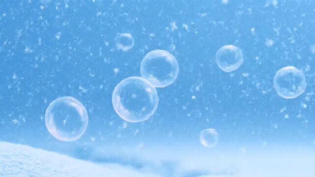 Iridescent soap bubbles floating gently in the air above a serene blue sky