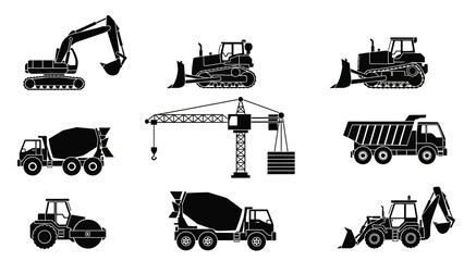 Obraz premium Collection of heavy machinery vehicles and equipment for construction site viewed from various angles