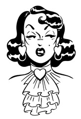 Obraz premium 1950s Retro Glamour Woman with Heart Earrings and Ruffled Collar Vintage Pin-Up Beauty Portrait, Classic Hollywood