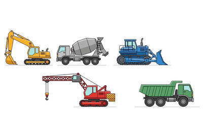 Obraz premium Construction site with excavator, cement mixer, bulldozer, crane, and dump truck in action