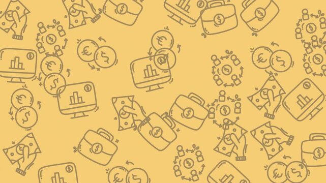 Dynamic doodle pattern of tech icons on yellow background in video.