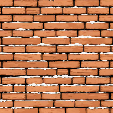 Clay brick wall with the lower part full of festering salt due to humidity. Vector brick background texture