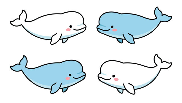 Adorable cartoon beluga whales illustration set, friendly white and blue marine animals