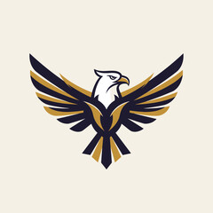 Obraz premium Stylized eagle bird of prey logo with outstretched wings in white gold and dark blue colors