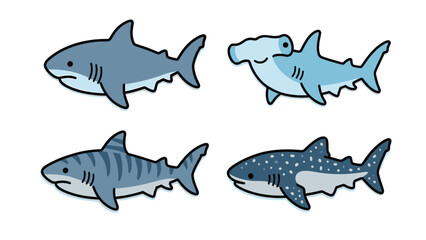Obraz premium Cute Cartoon Shark Species Vector Set: Great White, Hammerhead, Tiger, and Whale Sharks. Marine life illustration.