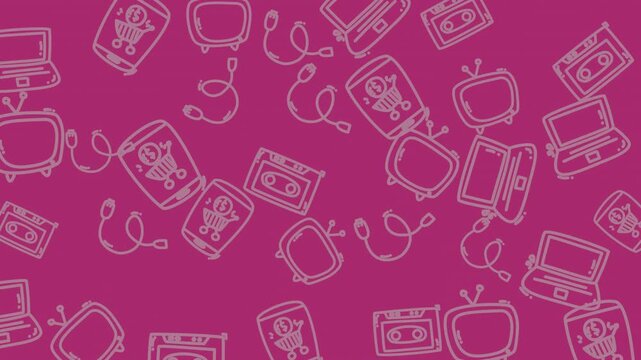 Vivid pink video montage of doodle tech icons.