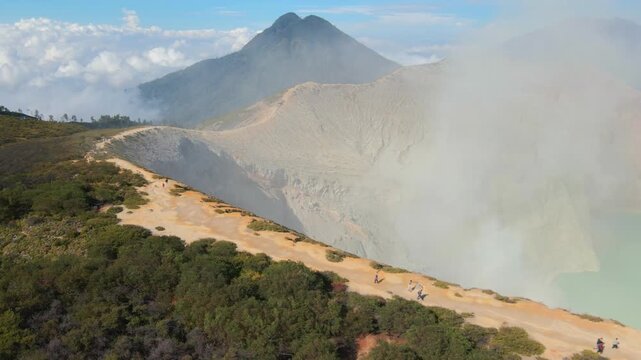 Mount Ijen Crater and Sulfur Lake, Aerial Drone View Indonesia