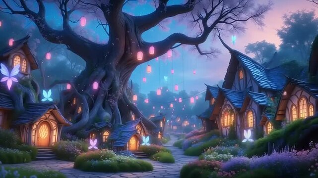 Whimsical fairy tale village landscape scene.