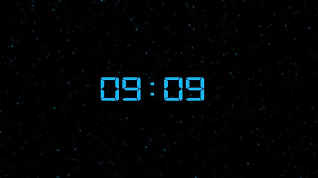 A digital clock the time  10: 00  in bright cyan segmented digits, positioned against a deep black background illuminated by a multitude of small, soft blue glowing particles, evoking a sense of space