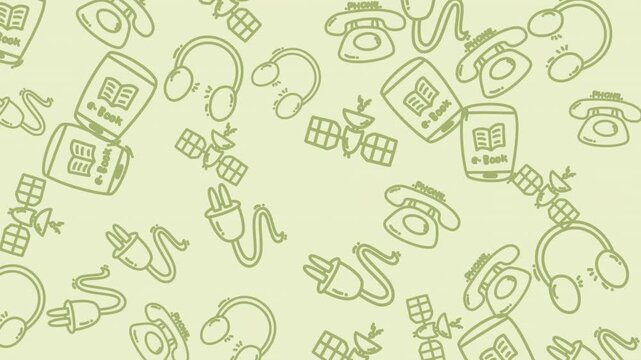 Animated doodle icons storyboard video montage on tech devices.