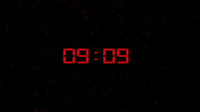 A digital clock the time 10: 00 min  in vibrant red segmented digits, set against a dark background filled with a scattering of small, 