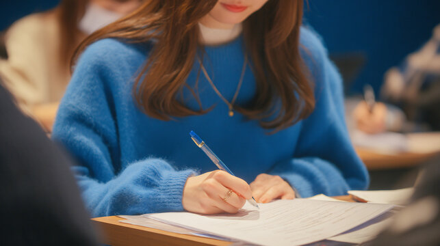 A woman taking notes during a class or meeting.