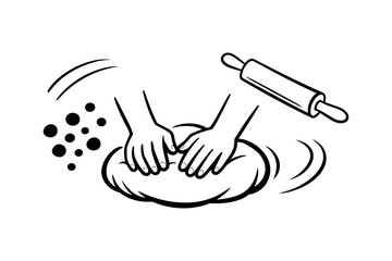 Hands kneading dough with flour and rolling pin illustration