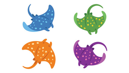 Fototapeta premium Set of Cute Cartoon Stingrays. Colorful Marine Animals with Polka Dots. Underwater Sea Life Illustration.