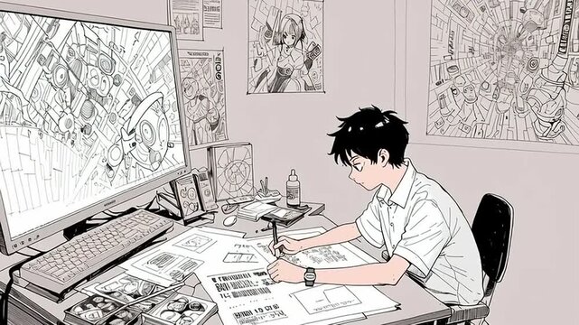 Young man working on comic art.