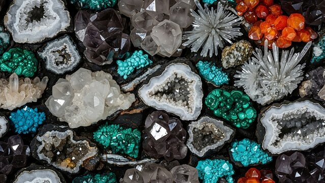 A collection of various crystals and gemstones displayed together, showcasing diverse colors and formations