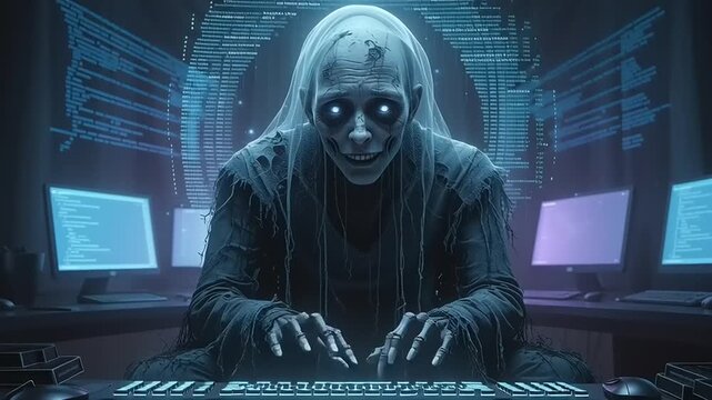 A hooded figure in a dark room with computers.