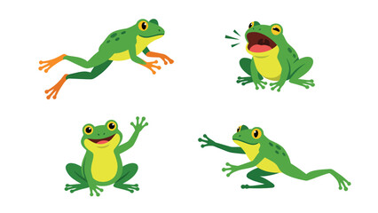 Fototapeta premium Cartoon green frogs in various poses and expressions: jumping, croaking, waving, and crouching. Cute amphibian characters.