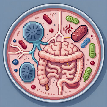 pixel art, examining gut-brain axis and its role in mental health