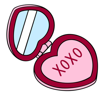 Heart shaped compact mirror with XOXO lettering, Valentine makeup accessory in pink cosmetic case