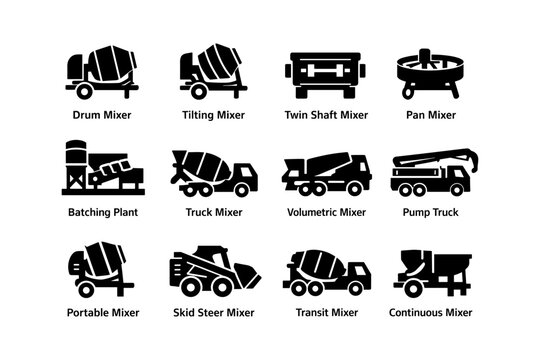 Various concrete mixers and equipment icons for construction