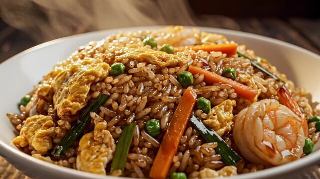 Close up of a bowl of freshly prepared fried rice with assorted vegetables