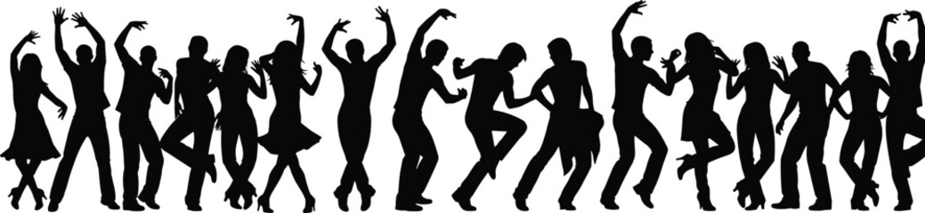 Obraz premium Black dancing people silhouettes isolated on white background, energetic party crowd, celebration movement poses, nightlife dance group illustration modern social event concept banner