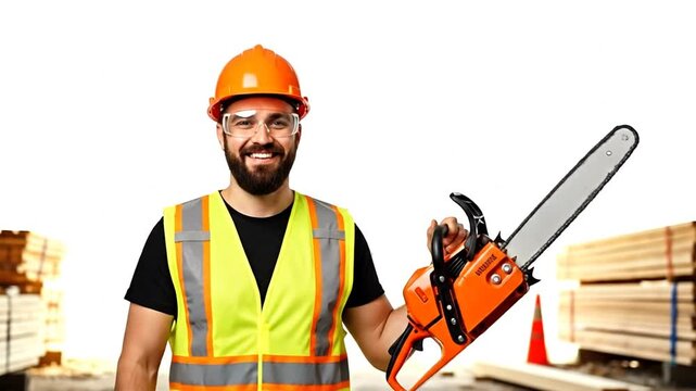 Confident Constructor and Chainsaw: A smiling constructor, clad in safety gear, confidently holds a chainsaw, exuding expertise and readiness for construction tasks.