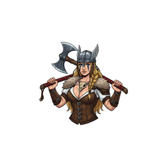 Fototapeta premium Viking Warrior Woman with Axe logo icon flat vector design