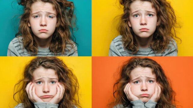 Multi-Colored Emotional Portraits of Girl with Messy Hair